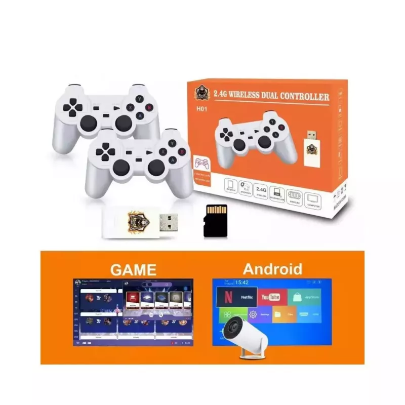 GameBox HY00 64-bittinen retro 20K peli 4K HDMI -tikkukonsoli / Android-box 2x langattomalla ohjaimella valkoinen