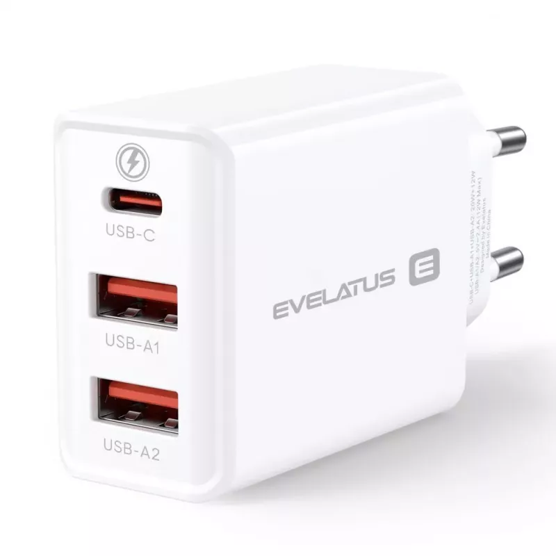 Evelatus ETC06 matkalaturi EU-seinä 3 porttia 32W USB-C / USB-A2 valkoinen