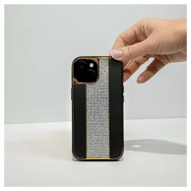 iLike Apple iPhone 15 Diamonds and Leather Case musta
