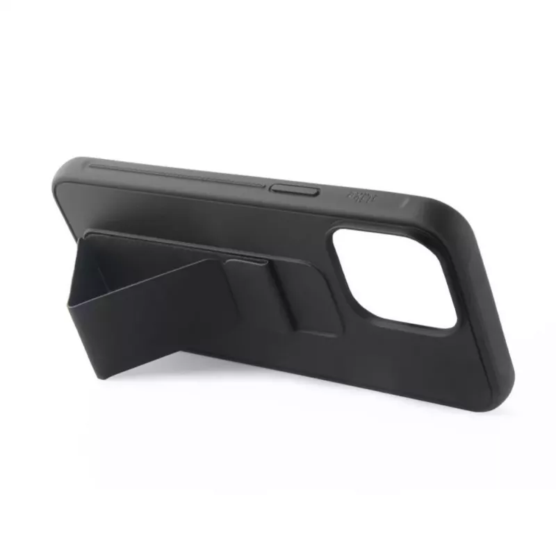 iLike Apple iPhone 15 silikonikuori jalustalla musta