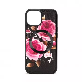 Evelatus Apple iPhone 15 Lederetui Reißverschluss-Design Blume musta