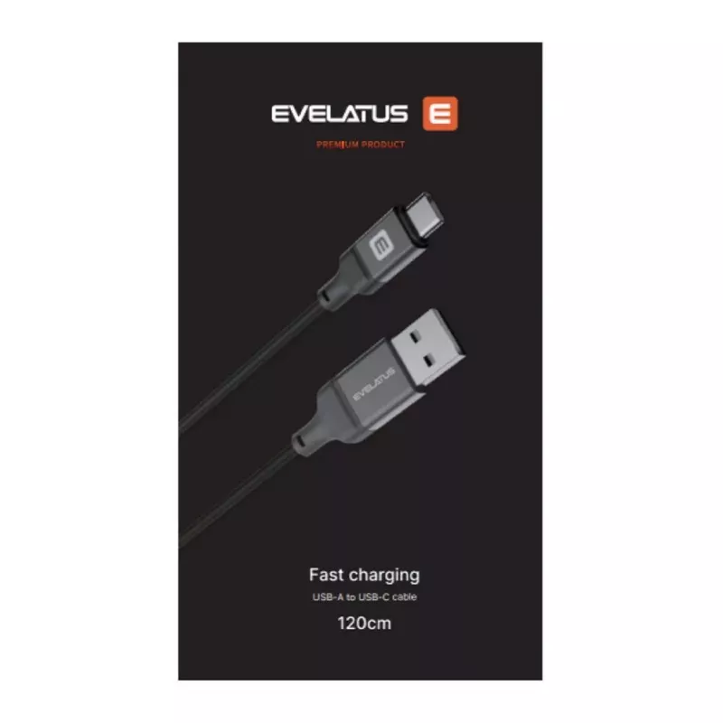 Evelatus USB-A - USB-C -kaapeli 1,2 m punottu nailon musta
