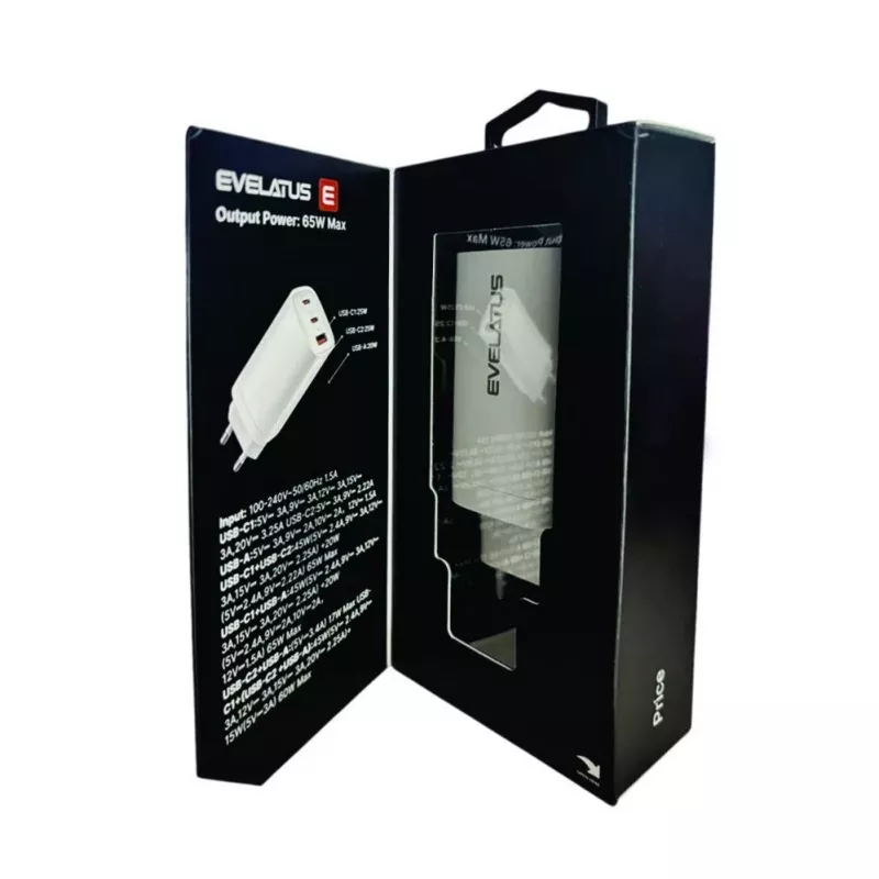Evelatus 65W Max pikapikalaturi EU USB-C1/USB-C1/USB-A valkoinen