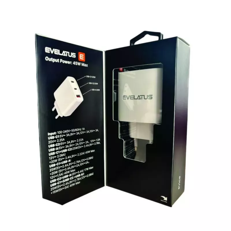 Evelatus 45W Max pikapikalaturi EU USB-C1/USB-C1/USB-A - RCE-4501ACCL valkoinen
