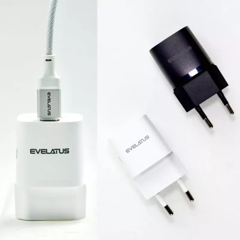 Evelatus USB-A ja USB-C 30W Max EU-laturi valkoinen