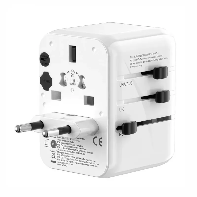 EVELATUS 35W maailmanmatkailuadapteri 1 PD USB-C, 2 USB-C, 2 USB-A, valkoinen