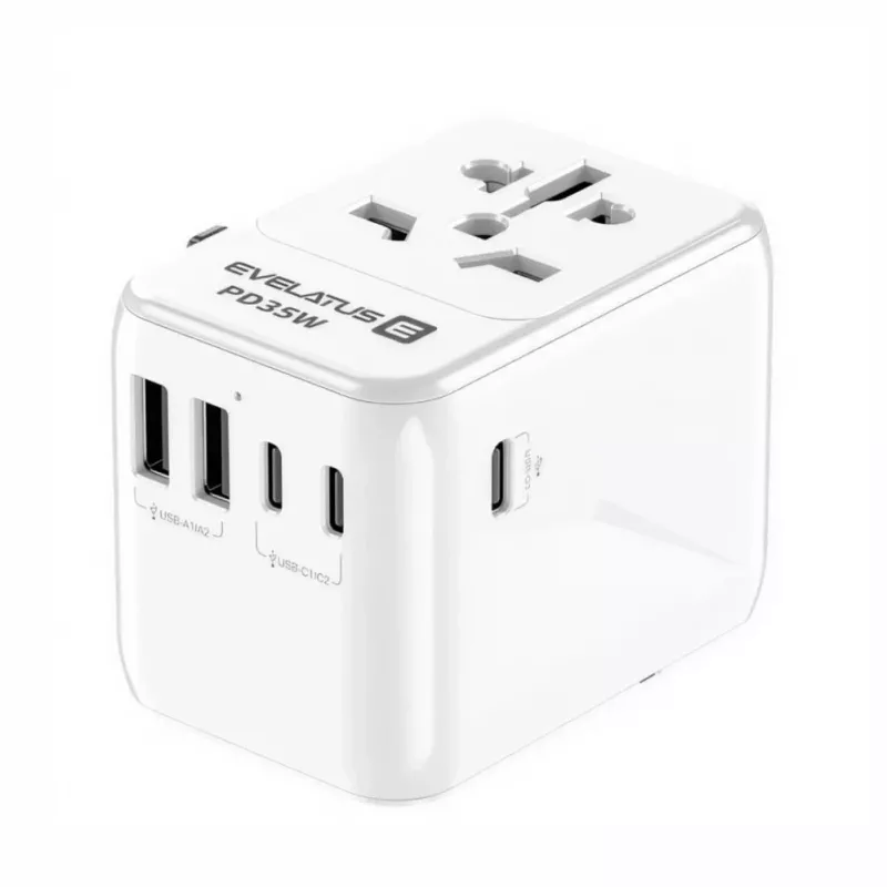 EVELATUS 35W maailmanmatkailuadapteri 1 PD USB-C, 2 USB-C, 2 USB-A, valkoinen