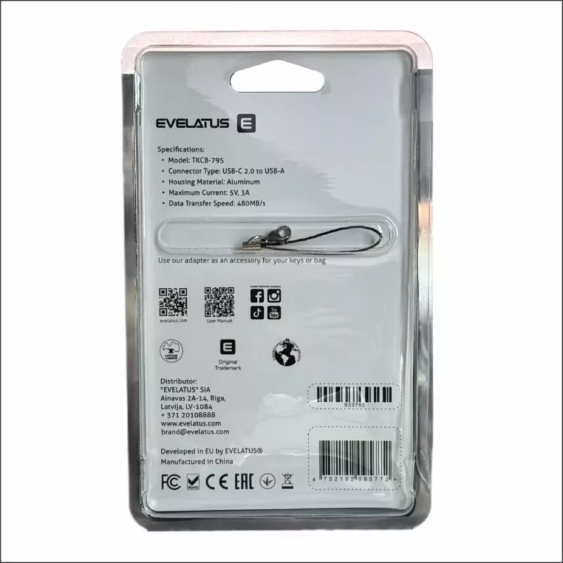 Evelatus UltraLink OTG -sovitin USB-C – USB 3.0 5V 3A 5 Gbps musta
