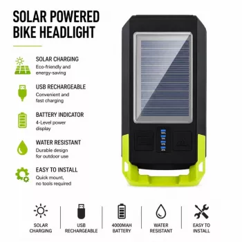 iLike aurinkokäyttöinen polkupyörän etuvalo 120 dB äänimerkillä, USB-ladattava, 1000LM LED-etuvalo, 4000 mAh akku, hätävaroitusvalo