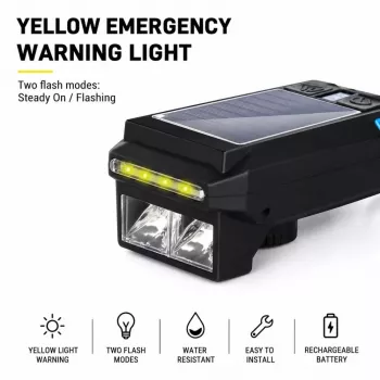 iLike aurinkokäyttöinen polkupyörän etuvalo 120 dB äänimerkillä, USB-ladattava, 1000LM LED-etuvalo, 4000 mAh akku, hätävaroitusvalo