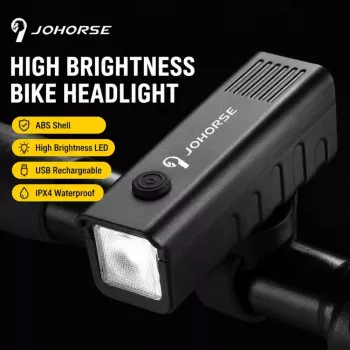 iLike JOHORSE USB-ladattava pyörän etuvalo, erittäin kirkas LED-pyörän etuvalaisin, IPX4 vesitiivis, ABS-kotelo, helppo kiinnitys ohjaustankoon