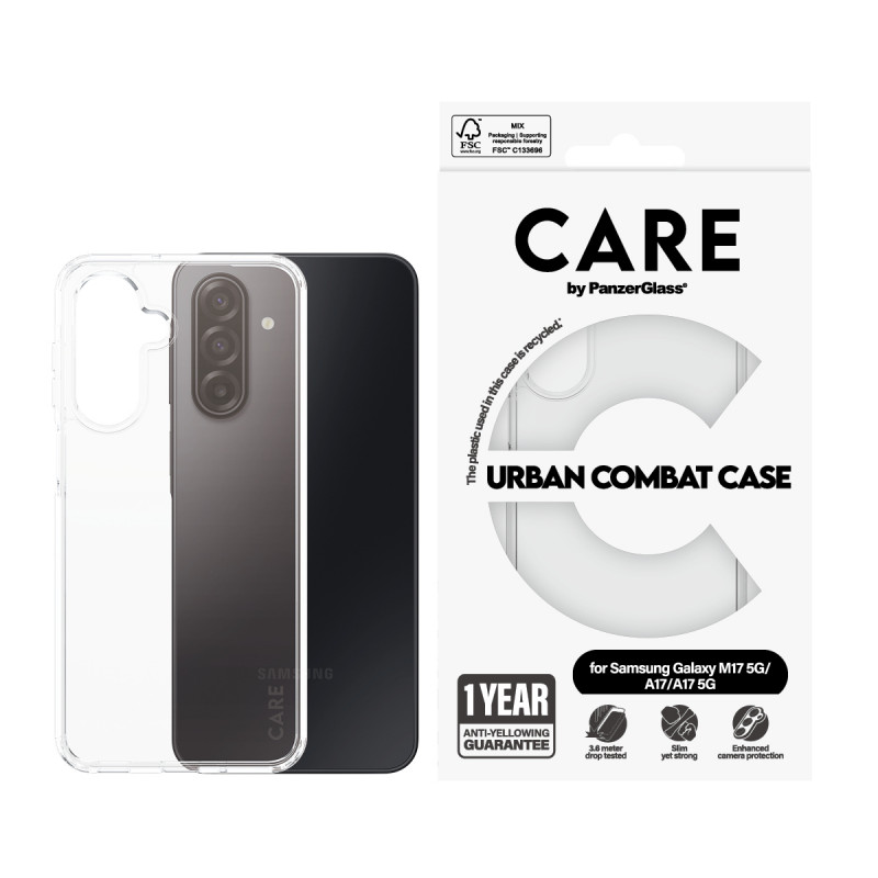 CARE by PanzerGlass Flagship UrbanCombat kotelo Samsung Galaxy M17 5G / A17 / A17 5G, läpinäkyvä