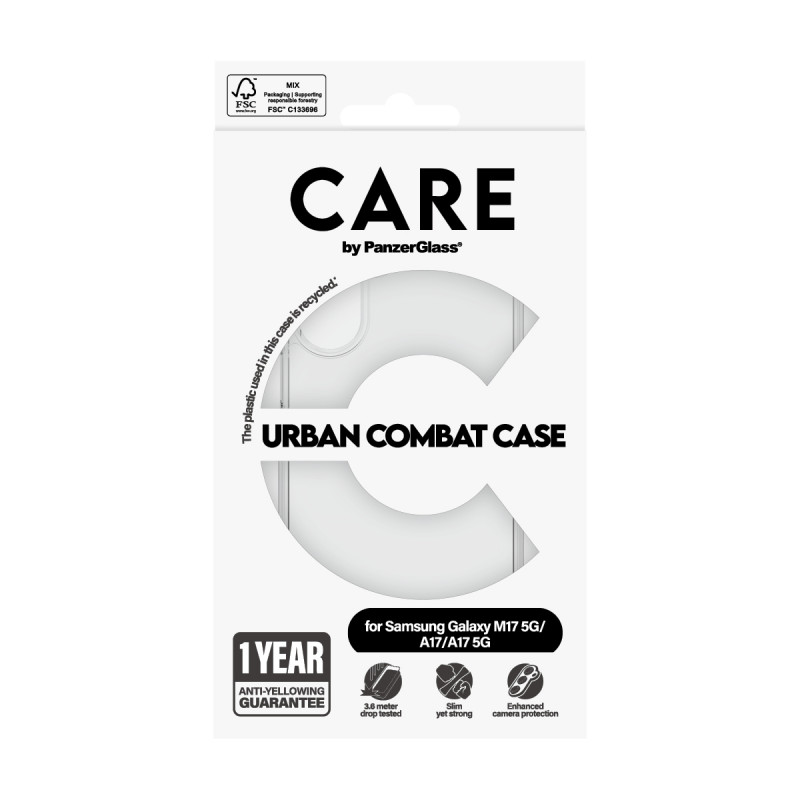 CARE by PanzerGlass Flagship UrbanCombat kotelo Samsung Galaxy M17 5G / A17 / A17 5G, läpinäkyvä