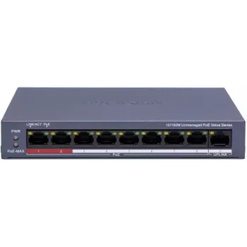 Hikvision DS-3E0109P-E/M(C) 9-porttinen Fast Ethernet PoE-kytkin, 8 PoE-porttia, 65W budjetti, hallitsematon