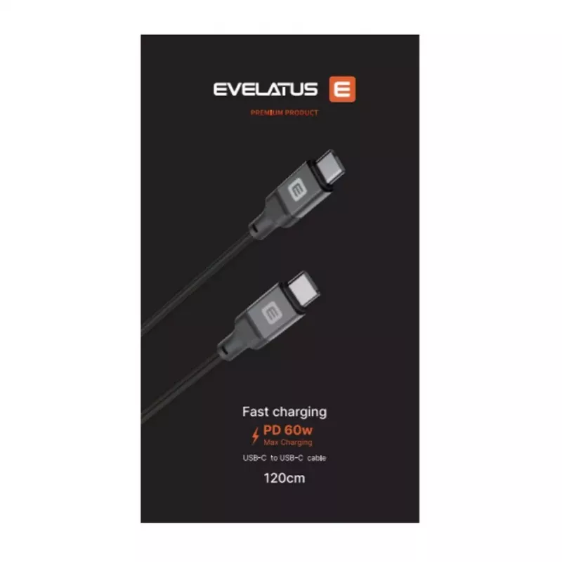 Evelatus USB-C - USB-C -kaapeli 1,2m 60W PD punottu nailon valkoinen