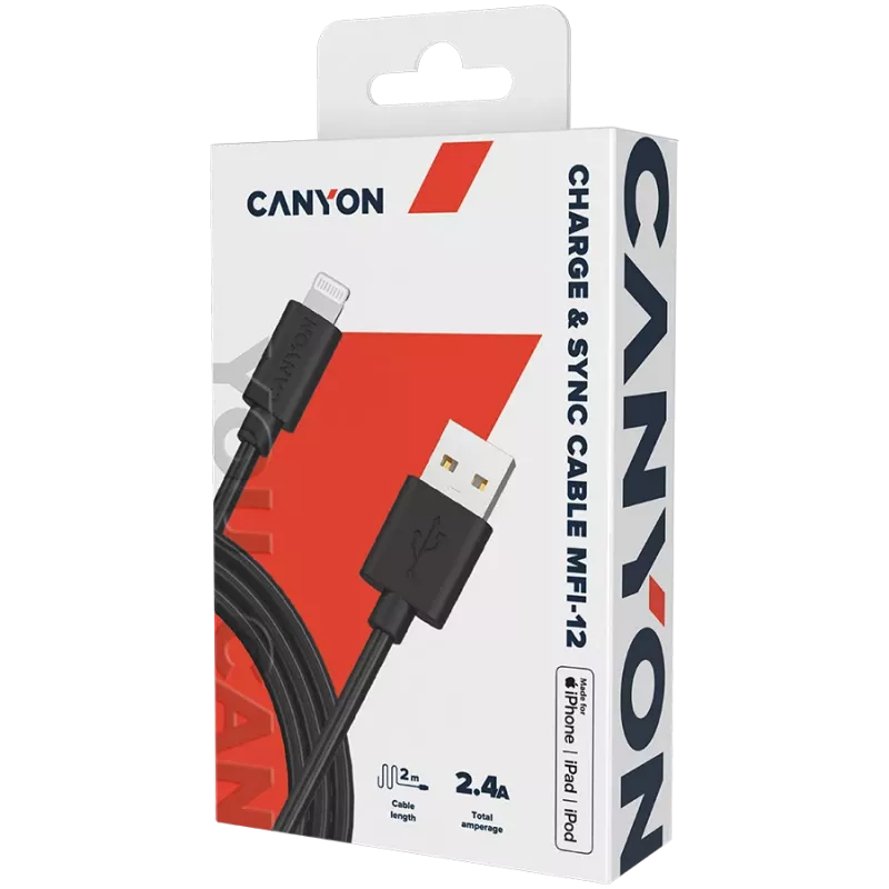 CANYON MFI-12 USB-A to Lightning kaapeli 2m musta