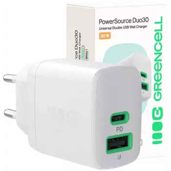Green Cell PowerSource Duo30 30W USB-C & USB-A laturi valkoinen