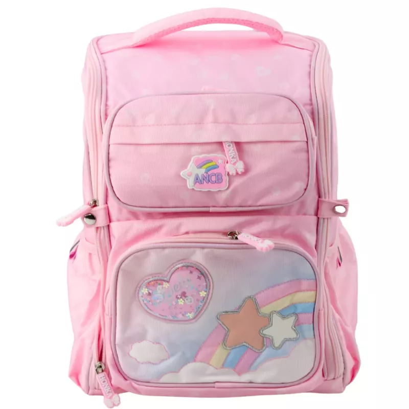 LEAN unicorn-koulureppu rintaremmillä pinkki 20L