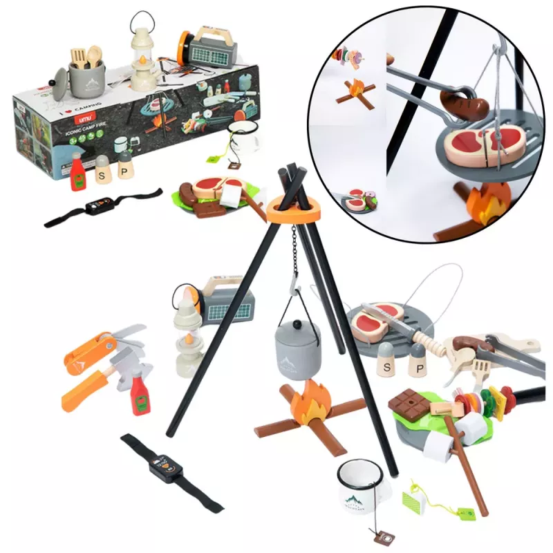 LEAN TOYS leirintäsetti puinen nuotio tarvikkeet 45 osaa