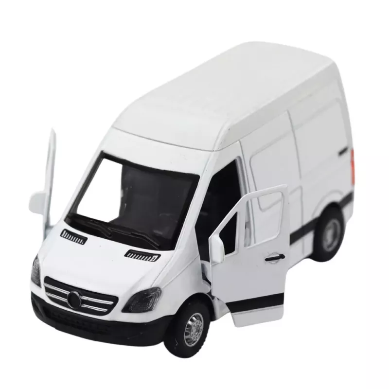 LEAN TOYS Metallinen jakeluauto pull-back-moottorilla, valot, äänet, valkoinen 1:32