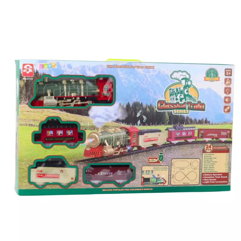 LEAN TOYS sähköjuna Classic Train valoilla, äänillä, savuefektillä, 24 osaa