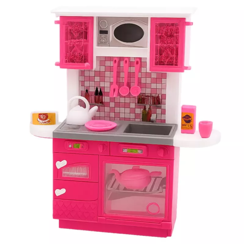 LEAN TOYS nuken keittiösetti jääkaapilla, liedellä ja tarvikkeilla, pinkki