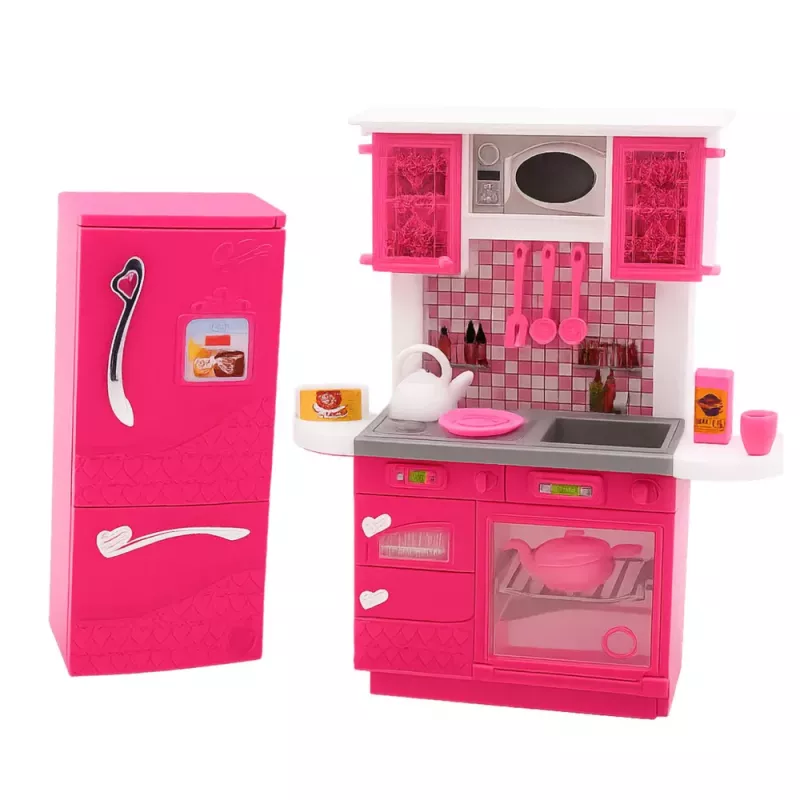 LEAN TOYS nuken keittiösetti jääkaapilla, liedellä ja tarvikkeilla, pinkki