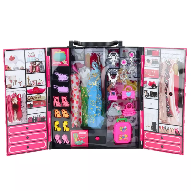 LEAN TOYS Pinkki vaatekaappisarja nukeille, mekot, kengät, asusteet