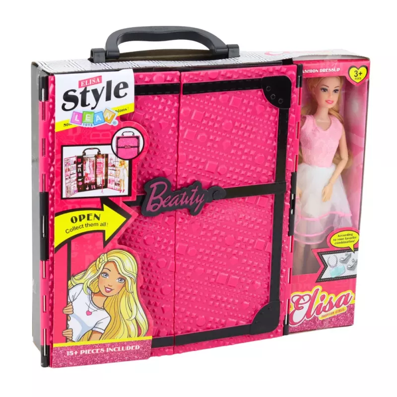LEAN TOYS Pinkki vaatekaappisarja nukeille, mekot, kengät, asusteet