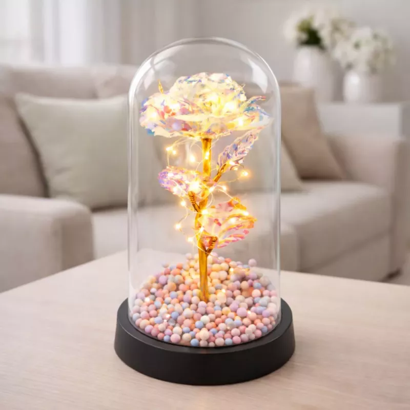 LEAN ikuinen ruusu lasikuvussa LED-kristallivalaistus 21,5 x 11 cm