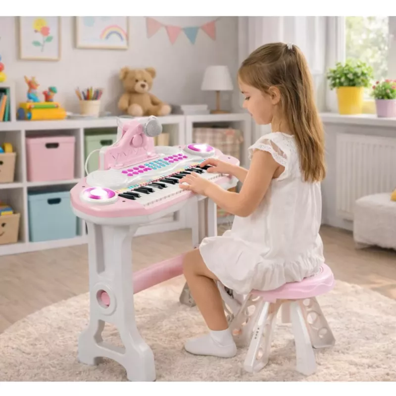 LEAN TOYS elektroninen piano-urut lapsille jakkaralla, mikrofonilla, MP3 - pinkki
