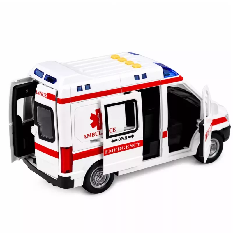 LEAN TOYS ambulanssi paareilla, veto, valot, äänet, valkoinen, 1:10