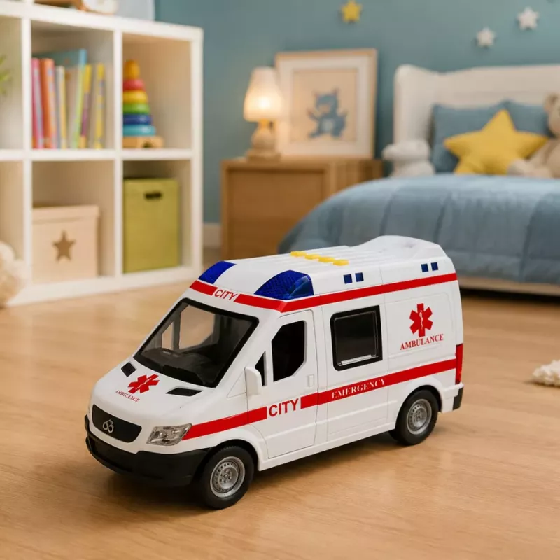 LEAN TOYS ambulanssi paareilla, veto, valot, äänet, valkoinen, 1:10