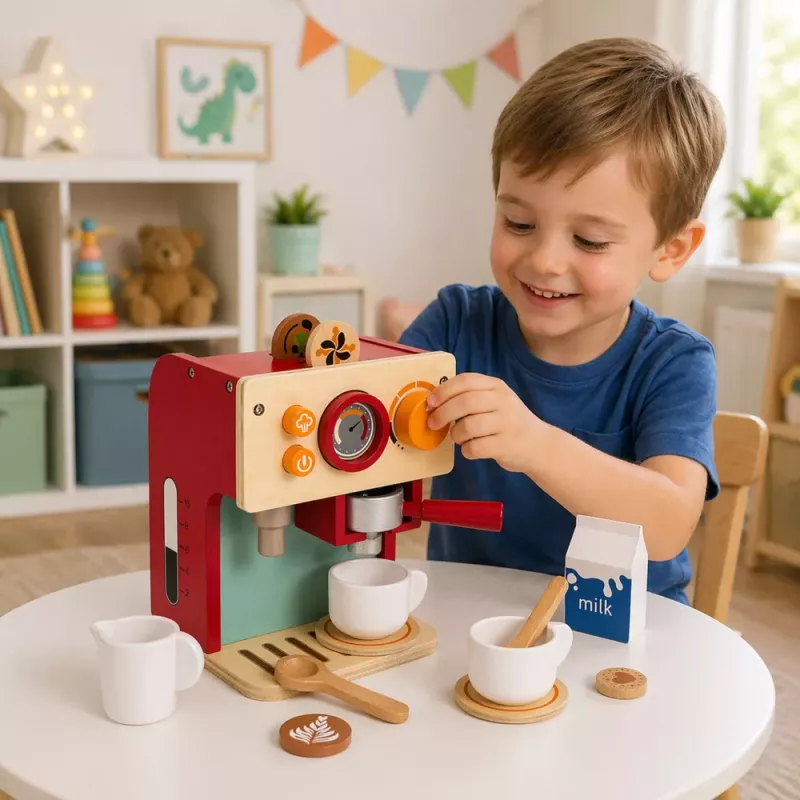 LEAN TOYS puinen kahvinkeitinsarja, pieni barista, kupit, tarvikkeet