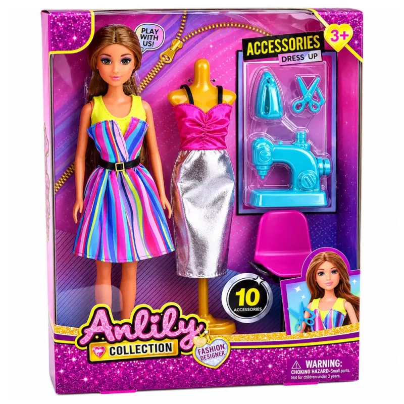 LEAN TOYS Anlily vaatesuunnittelija ompelukone ja mallinukke
