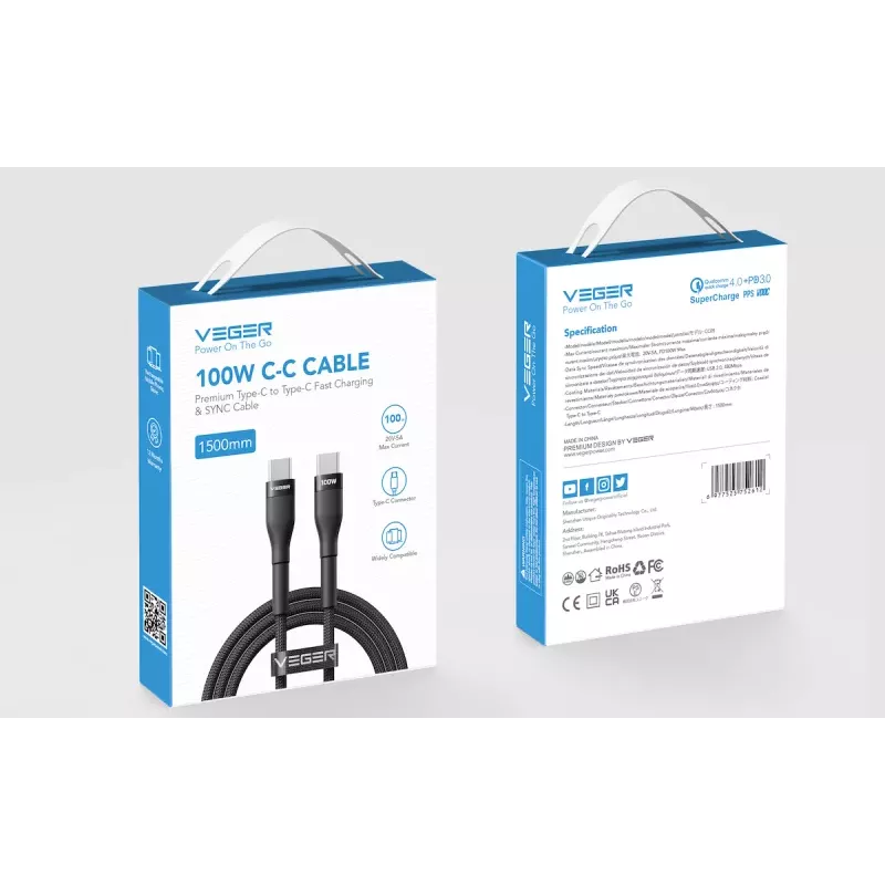 VEGER USB-C - USB-C PD 100W kaapeli 1,5m, musta