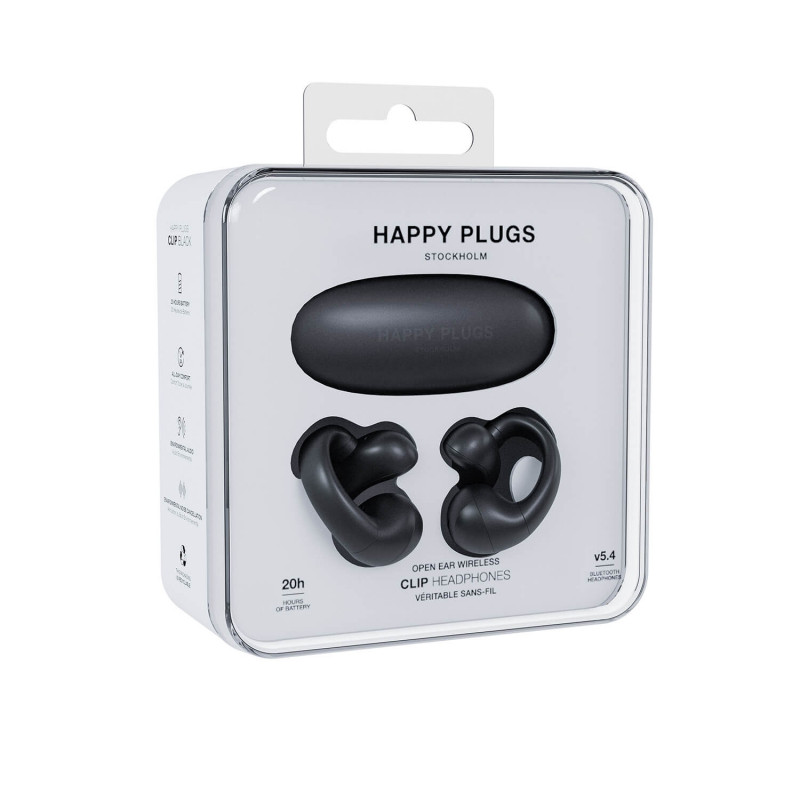 Happy Plugs Clip langattomat Open-Ear Clip-On -nappikuulokkeet (musta)