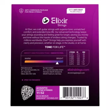 Elixir Strings 11027 Custom Light NANOWEB akustisen kitaran kielet (11-52)