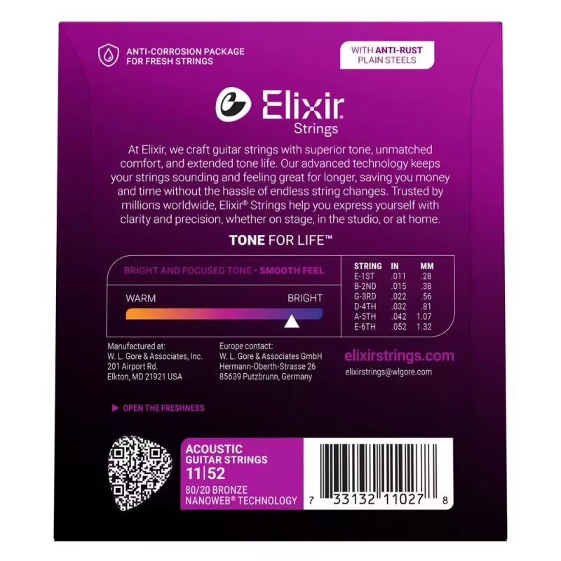 Elixir Strings 11027 Custom Light NANOWEB akustisen kitaran kielet (11-52)