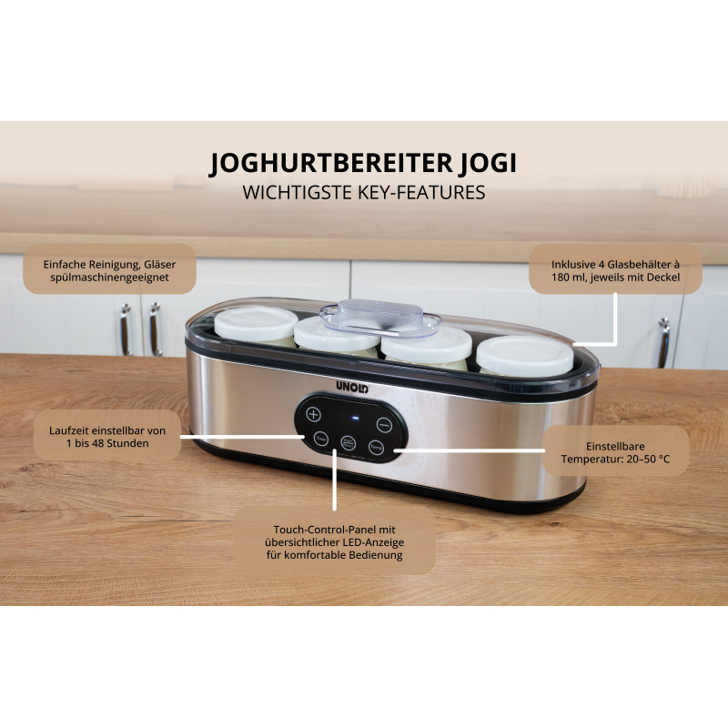 UNOLD 38726 Jogi Jogurttikone, 4 x 180 ml lasipurkkia