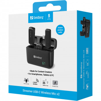 SANDBERG Streamer USB-C langaton mikrofoni x2 - kaksimikrofonisetti - 20 Hz - 20 kHz