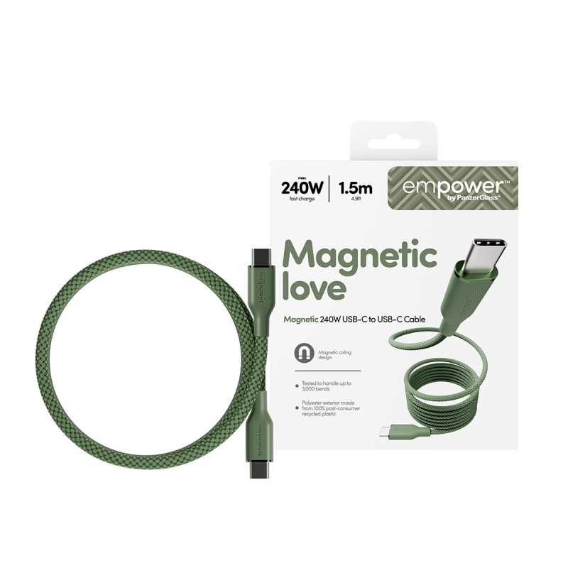 PanzerGlass empower Magnetic 240W USB-C - USB-C -kaapeli 1,5 m vihreä