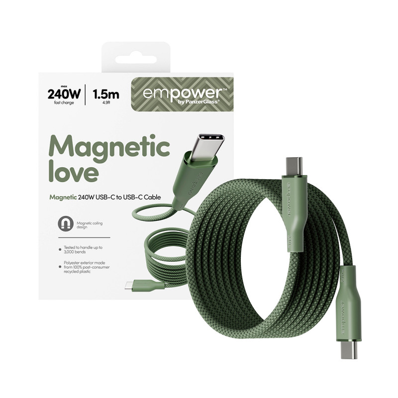 PanzerGlass empower Magnetic 240W USB-C - USB-C -kaapeli 1,5 m vihreä