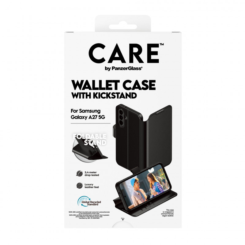 PANZERGLASS CARE lompakkokotelo jalustalla Samsung Galaxy A27 5G:lle, läpinäkyvä