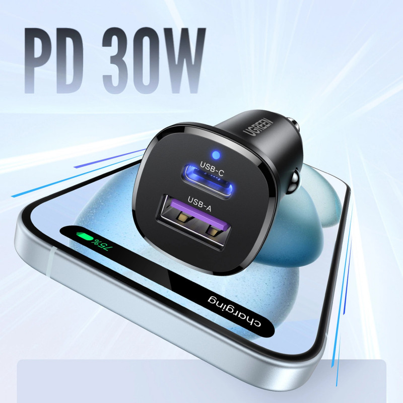 UGREEN EC305 30W USB-C + USB-A seinälaturi PD 3.0 PPS Quick Charge 3.0 musta