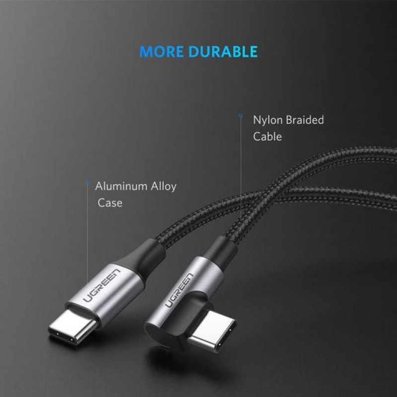 UGREEN USB-C - USB-C kulmakaapeli QC 3.0 PD 3A 60W 1 m musta