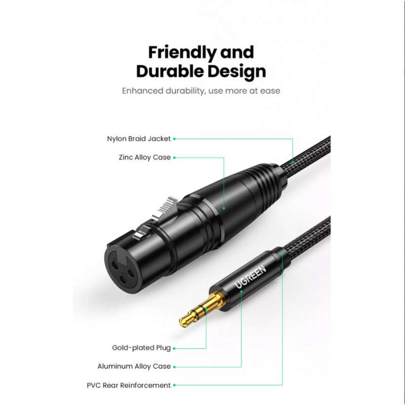 UGREEN AV182 XLR-uros - 3,5 mm TRS-uros -audiokaapeli 1 m musta