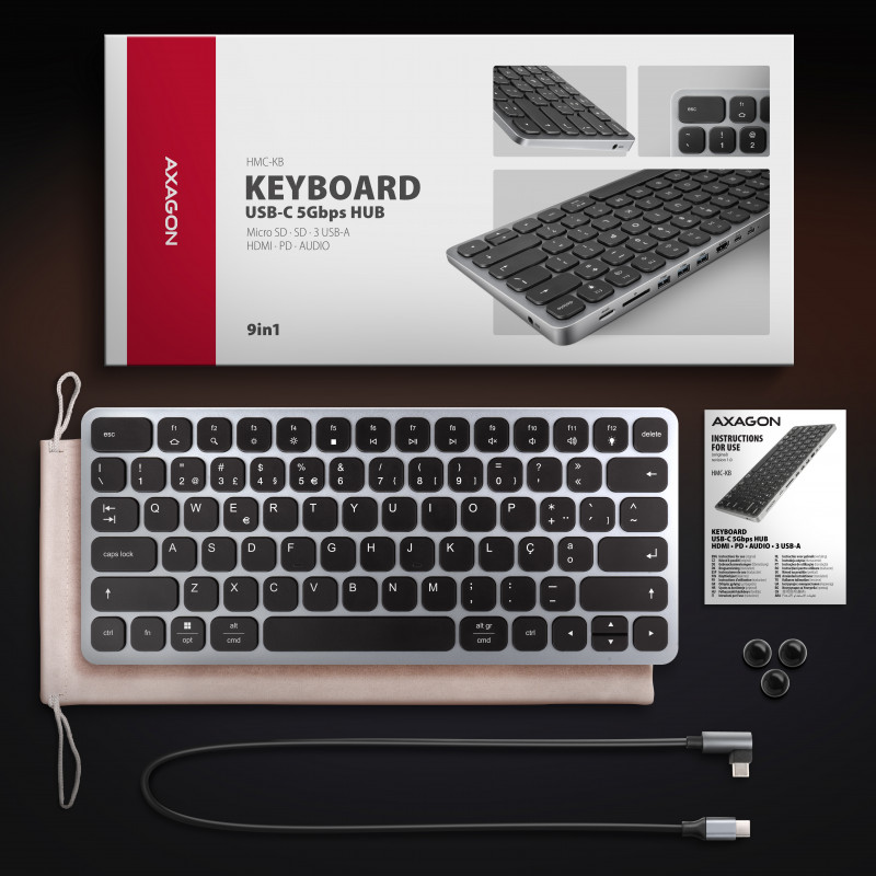 AXAGON HMC-KB-PT USB-C 5Gbps näppäimistö (PT) 9-in-1-keskitin