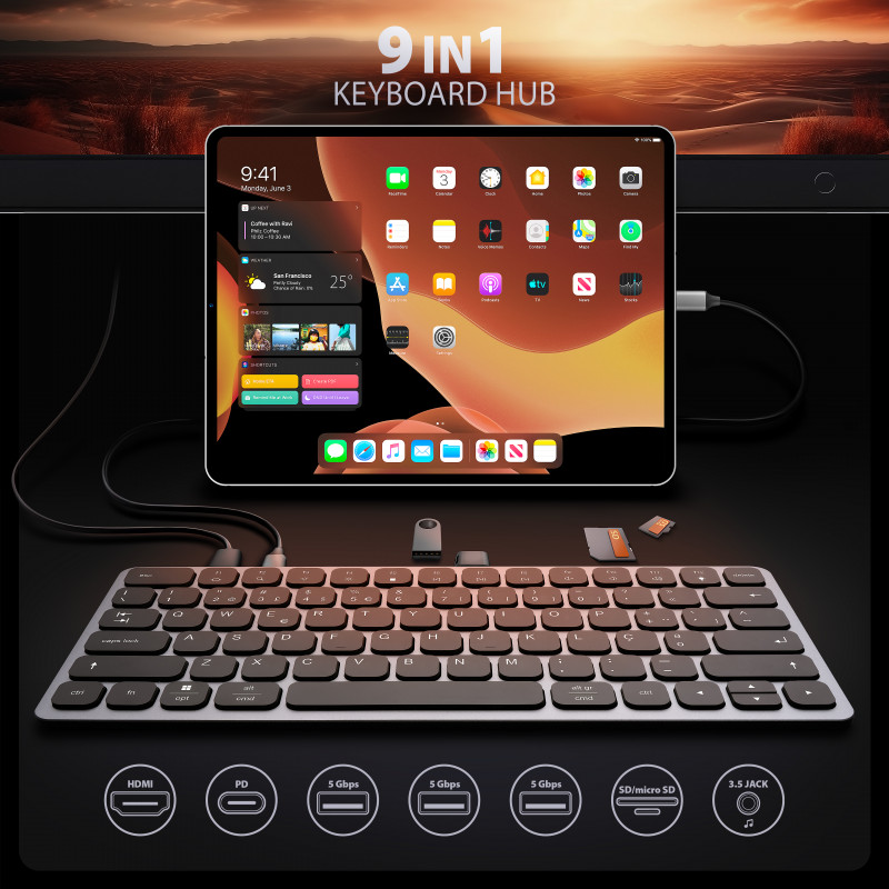 AXAGON HMC-KB-PT USB-C 5Gbps näppäimistö (PT) 9-in-1-keskitin