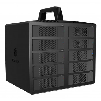 ICY BOX IB-3710-C31 10 paikan USB 3.2 Gen 2 JBOD-kotelo 2,5 tuuman/3,5 tuuman SATA HDD/SSD-asemille, Single Mode, USB-C-C-kaapeli, 200 W virtalähde, musta